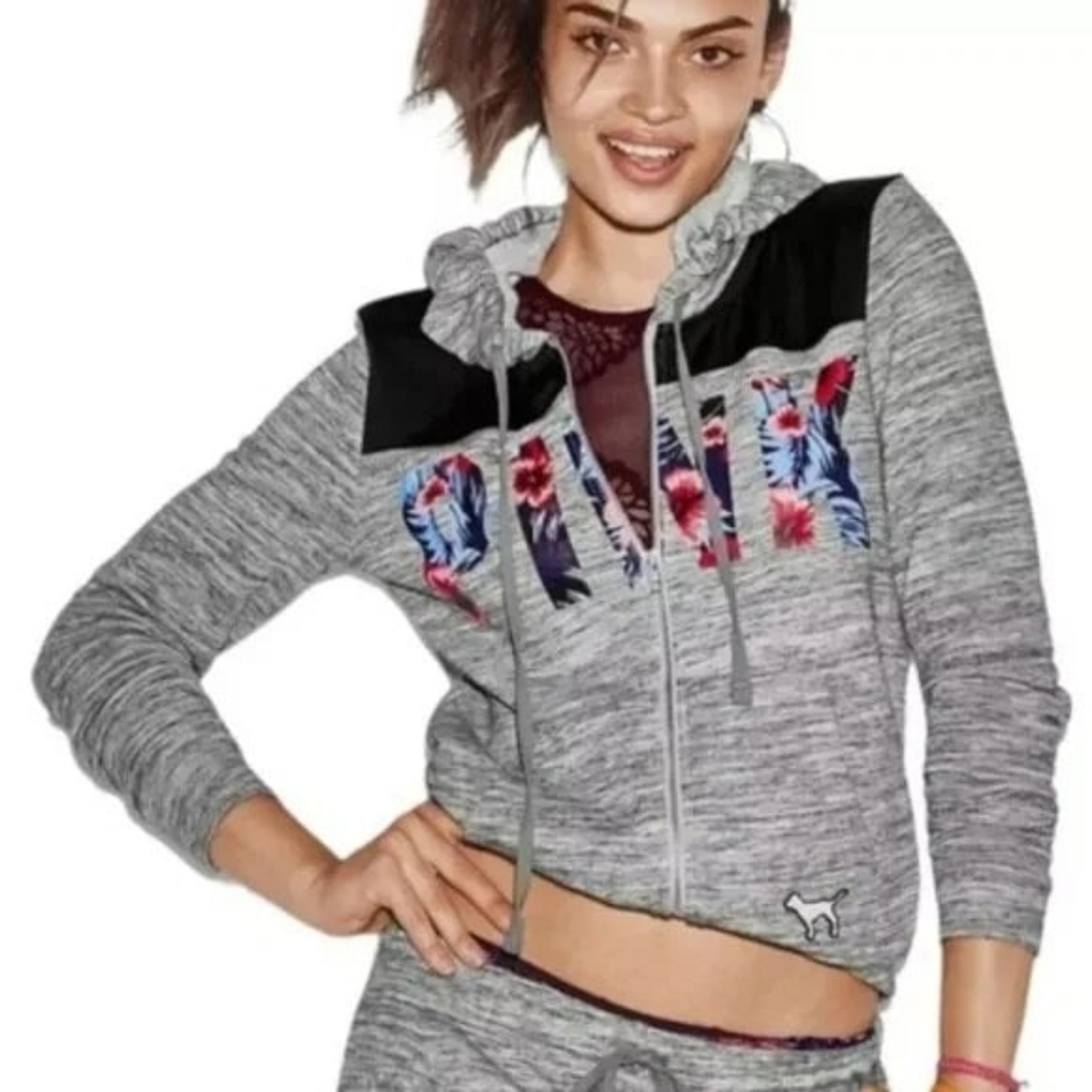 Victoria's Secret PINK Perfect Full Zip Hoodie‎ Gray Marl Tropical Floral Large